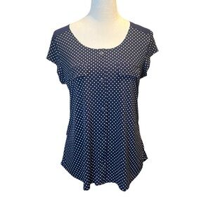 Diana Belle dark navy and white polka dot stretchy shirt size small EUC